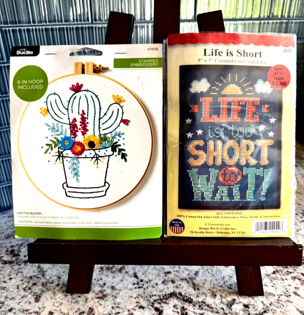 Cactus Embroidery & Life is Too Short Counted Cross Stitch - Lot of 2 Craft Kits